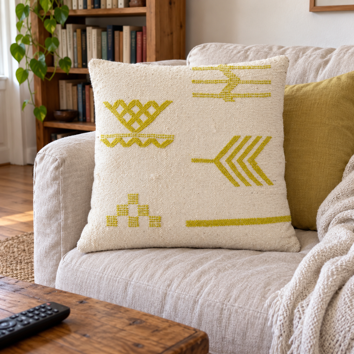 Coussin kilim à motifs géométriques jaune olive sur un canapé écru
