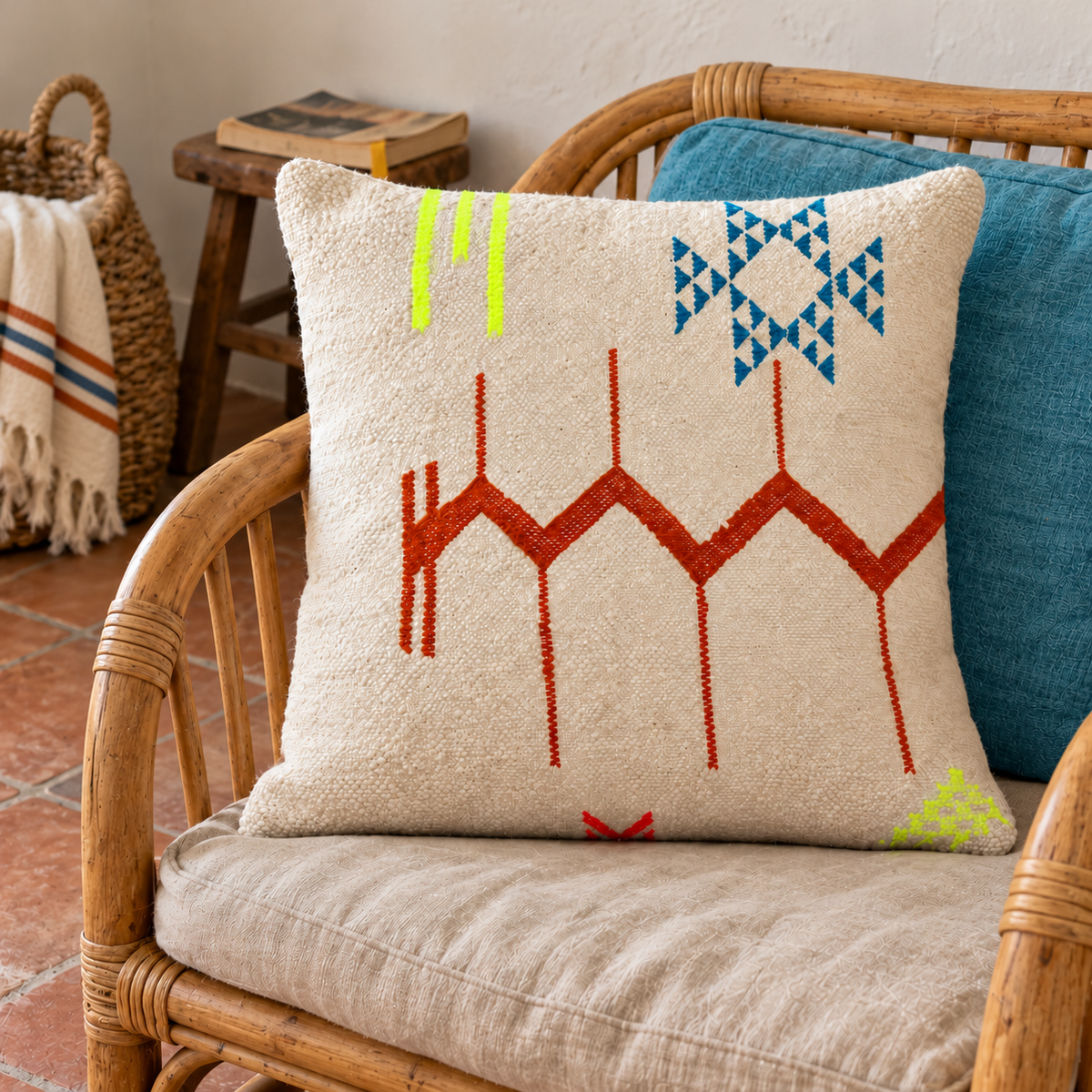 Coussin kilim multicolore associé à un coussin bleu sur un fauteuil en rotin