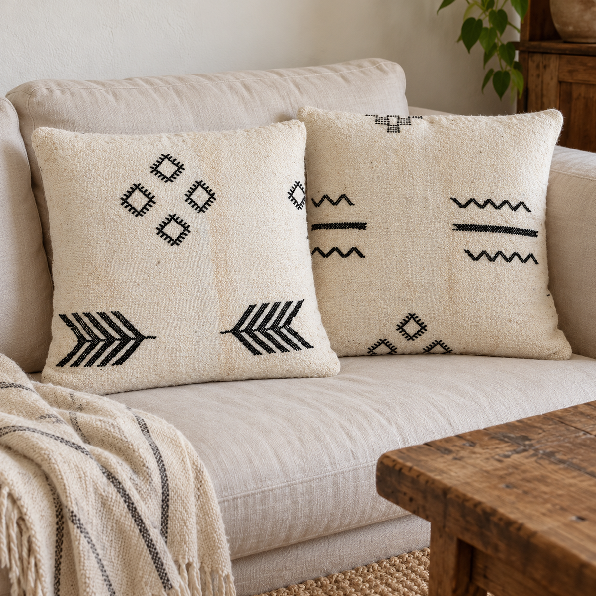 Deux coussins kilim à motifs noirs en chevrons et zigzags sur un canapé écru