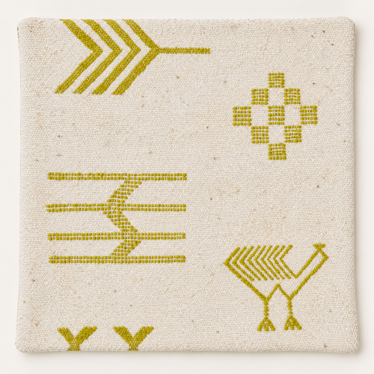 Housse de coussin kilim en laine écrue à motifs géométriques jaune olive, 44 × 44 cm