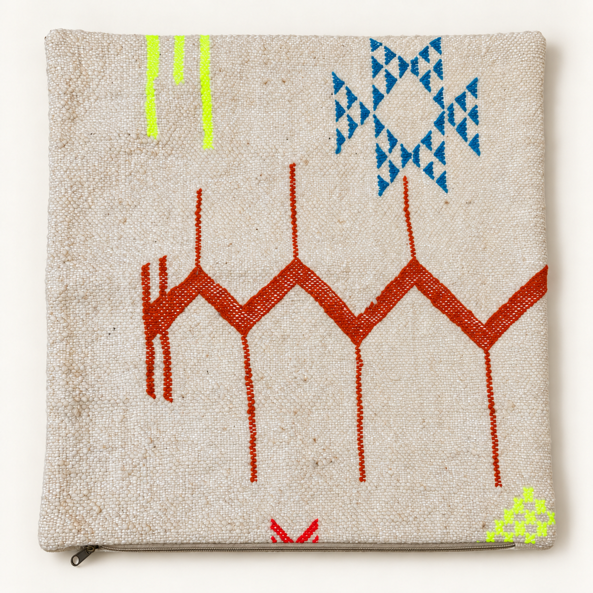 Housse de coussin kilim en laine écrue, motifs orange, bleus et jaune vif, 44 × 44 cm