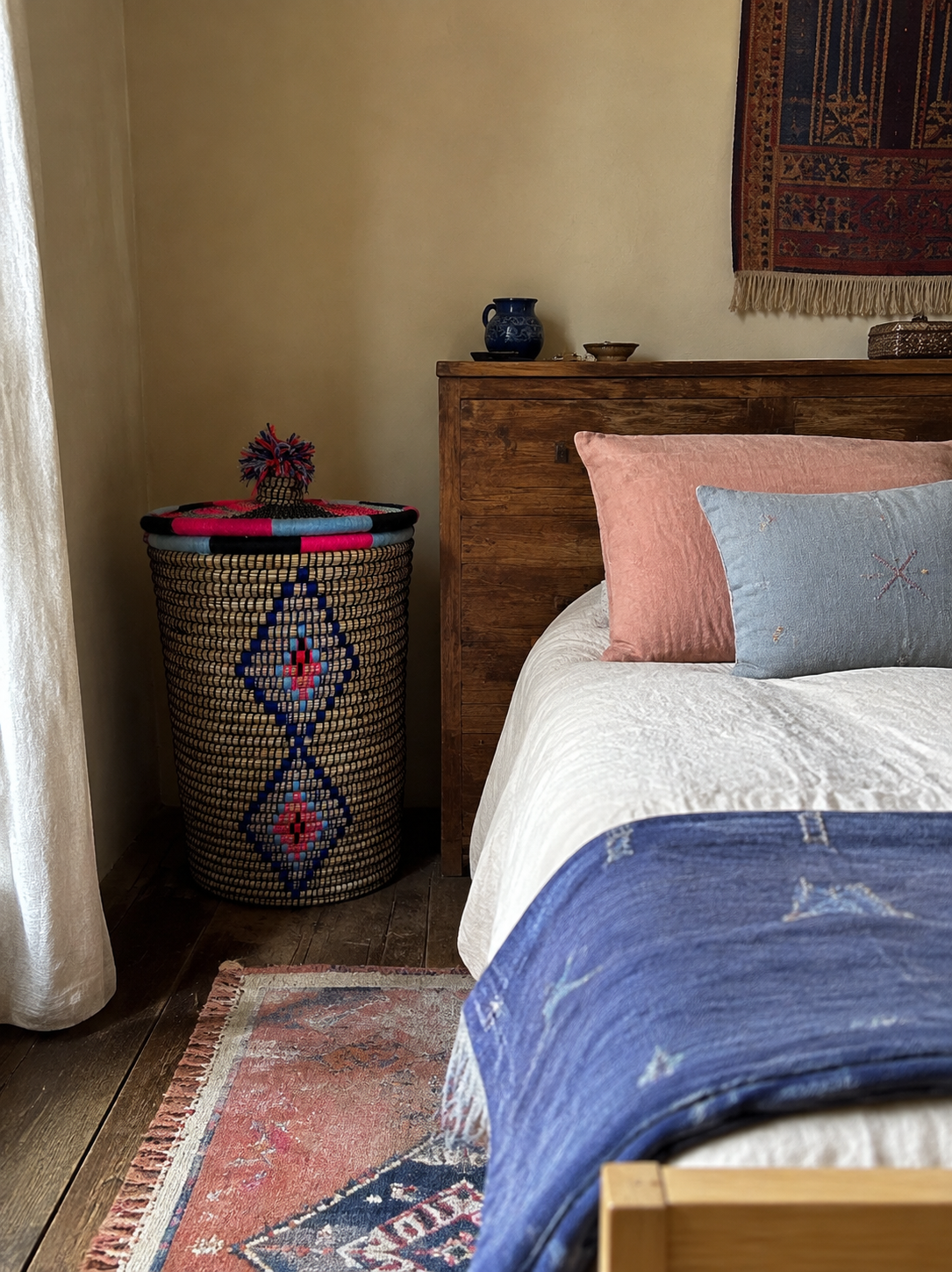 Panier à linge berbère artisanal bleu et rose dans une chambre bohème
