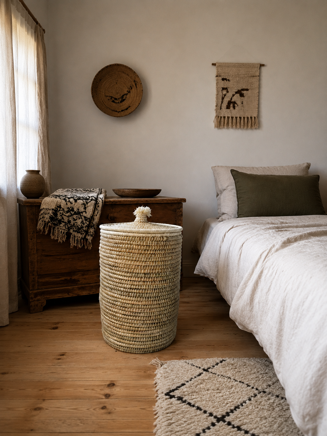Panier à linge berbère blanc cassé en jonc naturel dans une chambre bohème