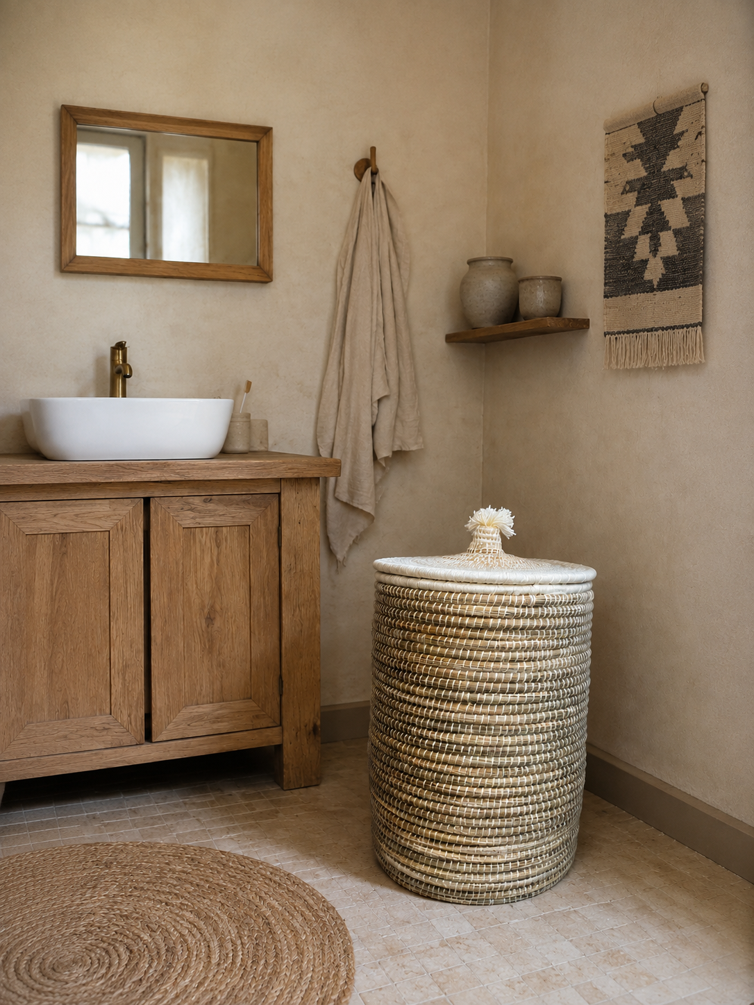 Panier à linge artisanal en jonc naturel et laine blanc cassé dans une salle de bain