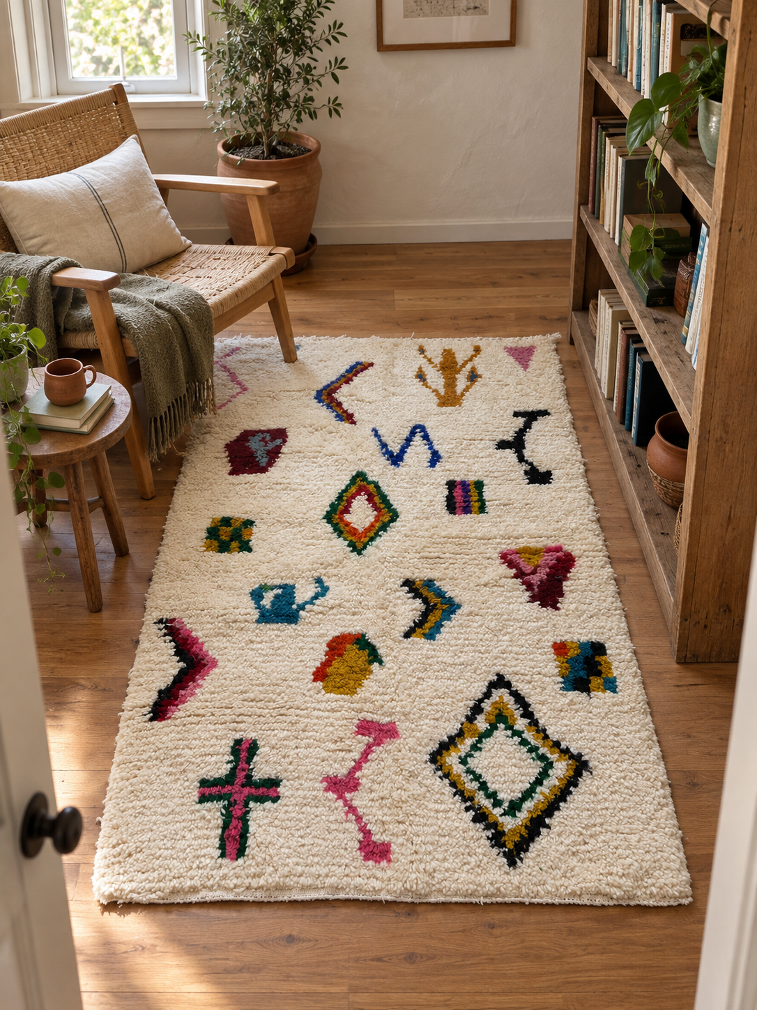 Tapis Beni Ouarain artisanal coloré dans un coin lecture bohème