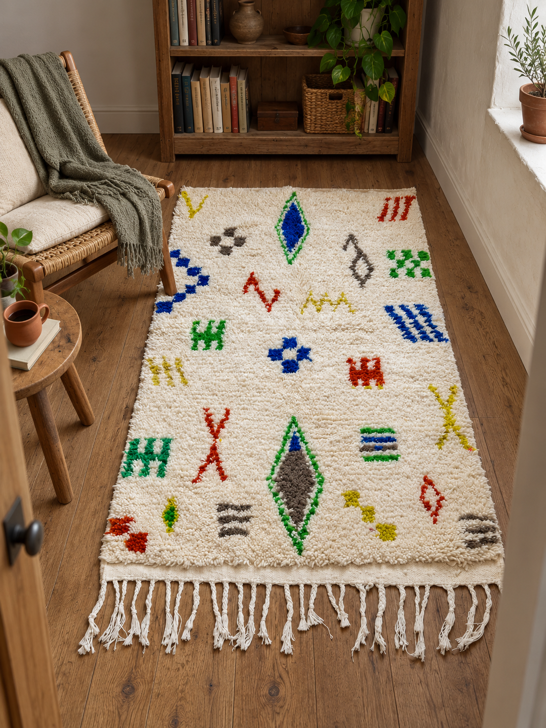 Tapis Beni Ouarain artisanal coloré dans un coin lecture bohème