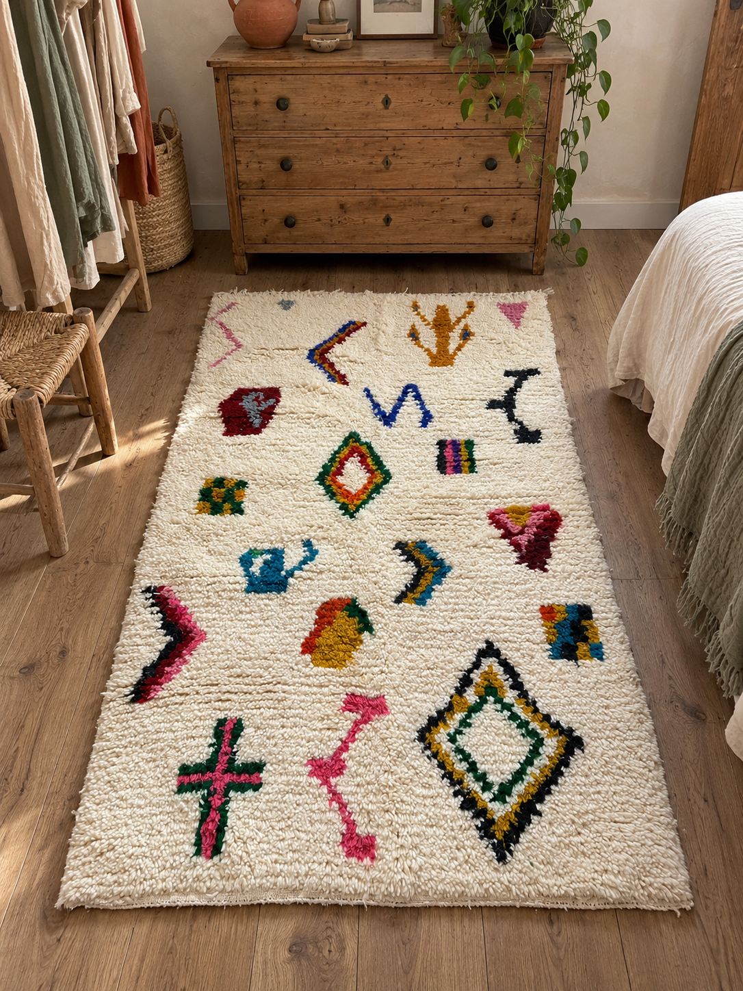 Tapis Beni Ouarain coloré dans une chambre bohème chic