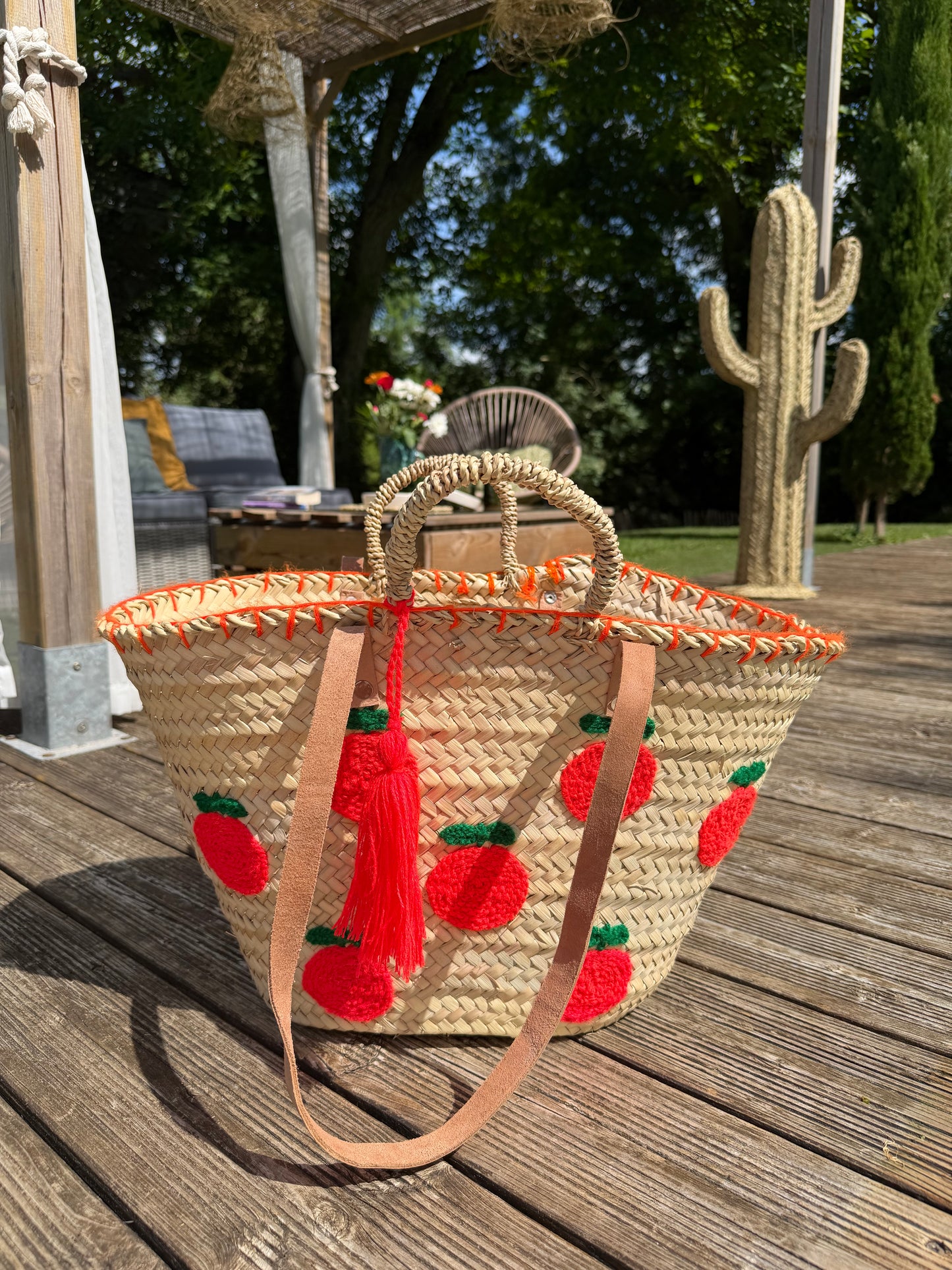 Panier de Plage Orange Artisanal – Cabas en Palmier avec Anses en Cuir & Pompon Orange