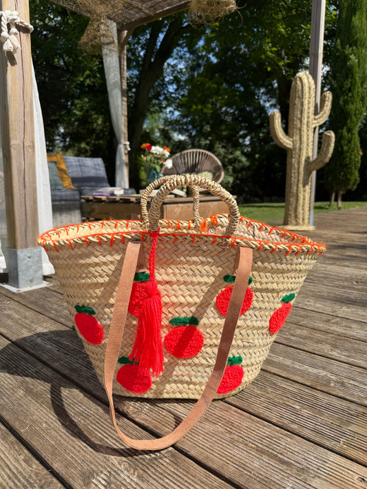 Panier de Plage Orange Artisanal – Cabas en Palmier avec Anses en Cuir & Pompon Orange