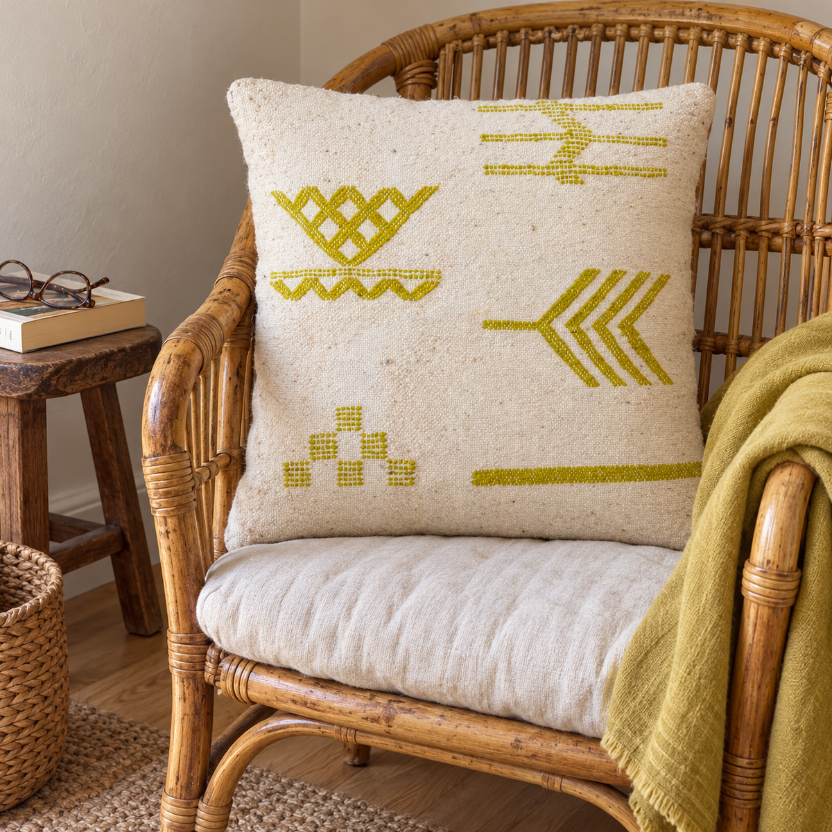 Coussin kilim jaune olive sur un fauteuil en rotin avec un plaid assorti