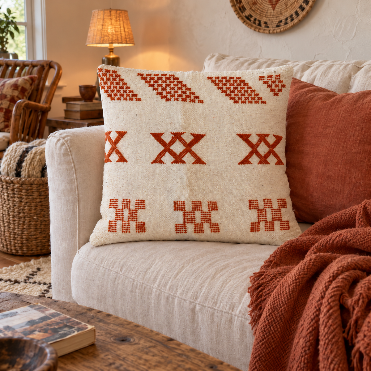 Coussin kilim à motifs orange en damiers sur un canapé écru