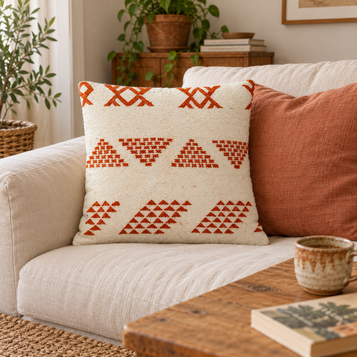 Coussin kilim à motifs orange sur un canapé en lin dans un salon