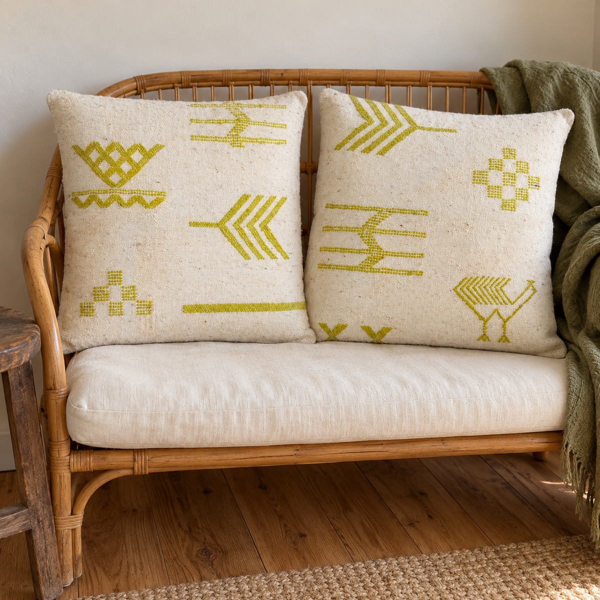 Deux coussins kilim écrus à motifs jaune olive sur une banquette en rotin