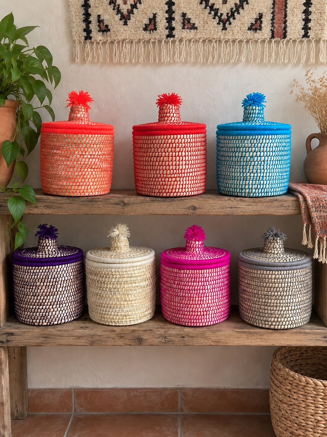 Ensemble de petits paniers berbères artisanaux colorés avec couvercle