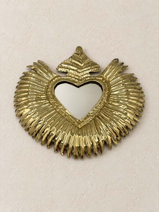 Ex-voto cœur sacré rayonnant en cuivre avec miroir – modèle moyen 20 × 20 cm