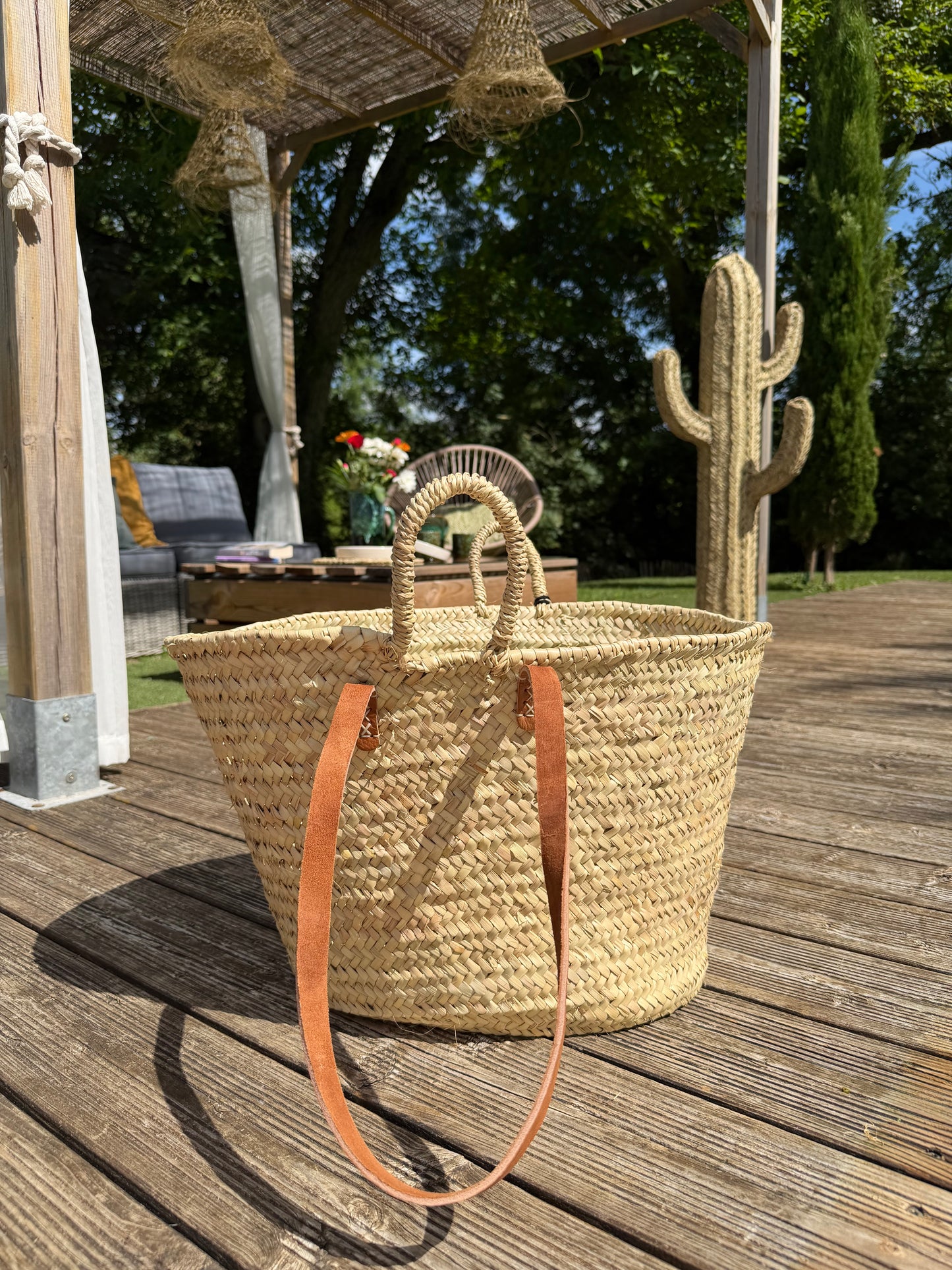 Panier Artisanal "La Vie est Belle" – Sac Cabas en Palmier Tressé Main avec Anses Cuir