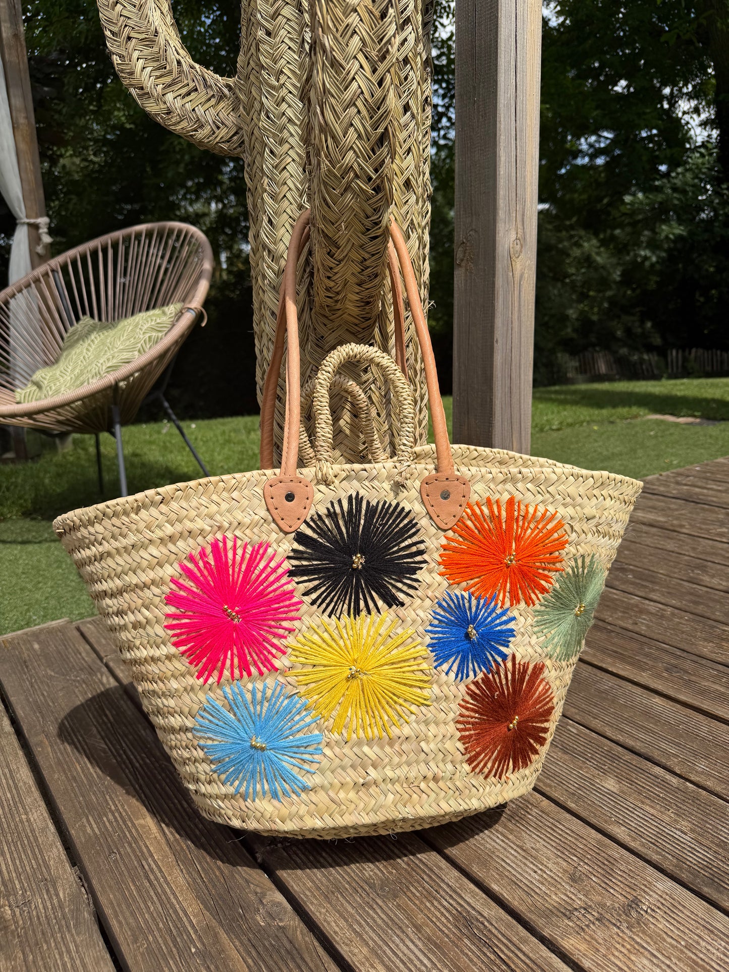 Panier Artisanal Fleuri Multicolore – Grand Cabas Bohème en Palmier Tressé avec Anses Cuir