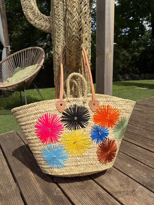 Panier Artisanal Fleuri Multicolore – Grand Cabas Bohème en Palmier Tressé avec Anses Cuir
