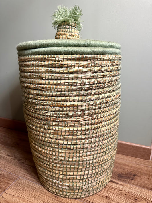 Grand panier berbère artisanal vert sauge panier à linge rangement 59 cm