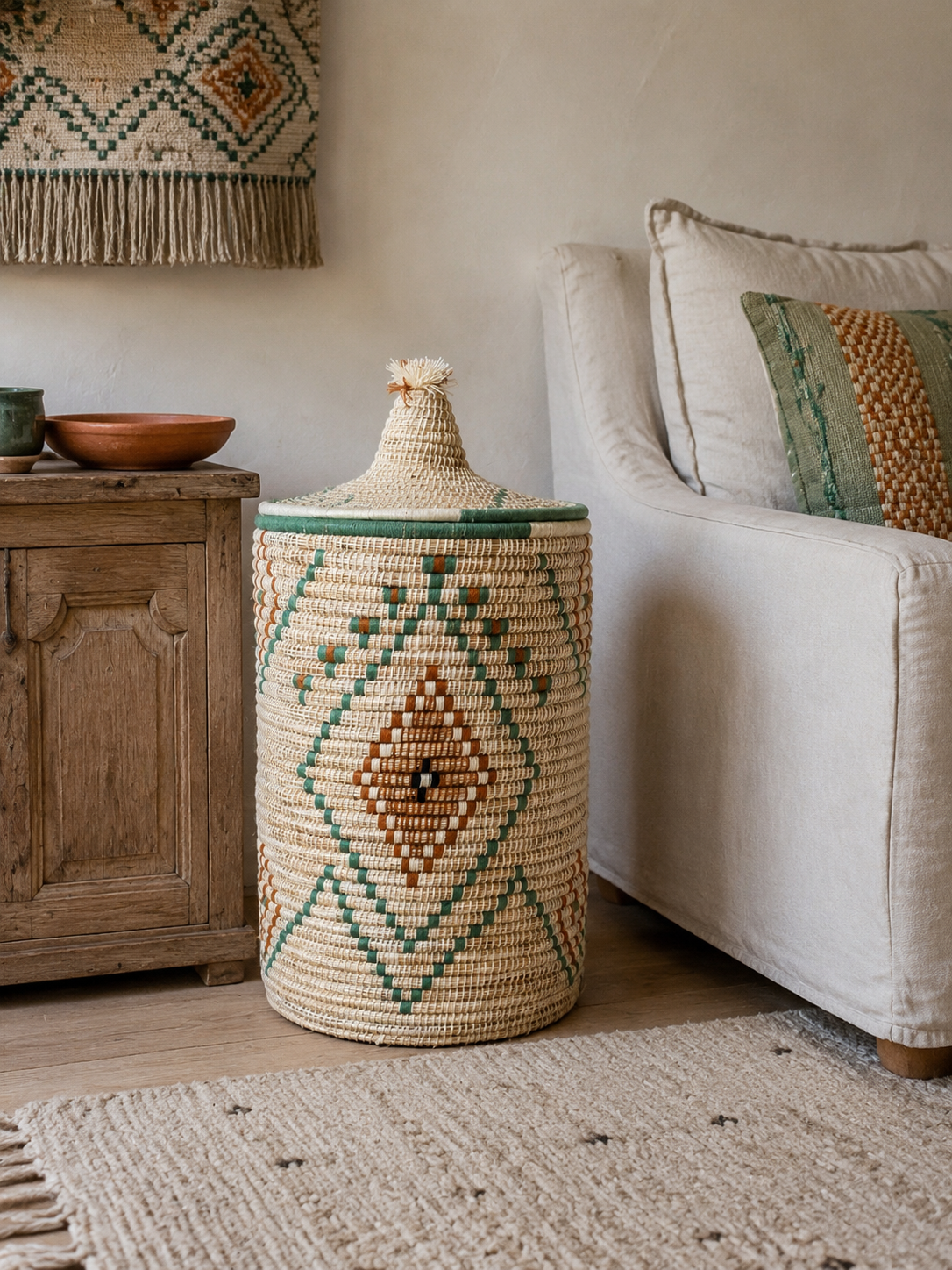 Grand panier de rangement berbère vert et terracotta dans un salon bohème