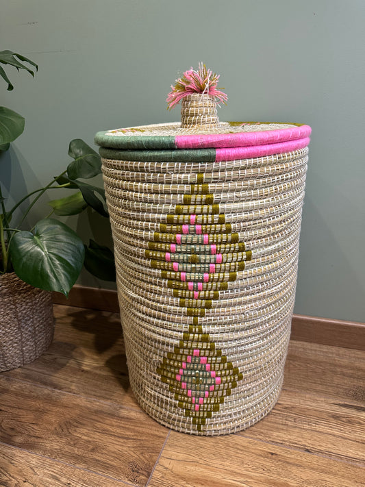 Panier Artisanal Berbère avec Couvercle – Grand Panier de Rangement / Panier à Linge