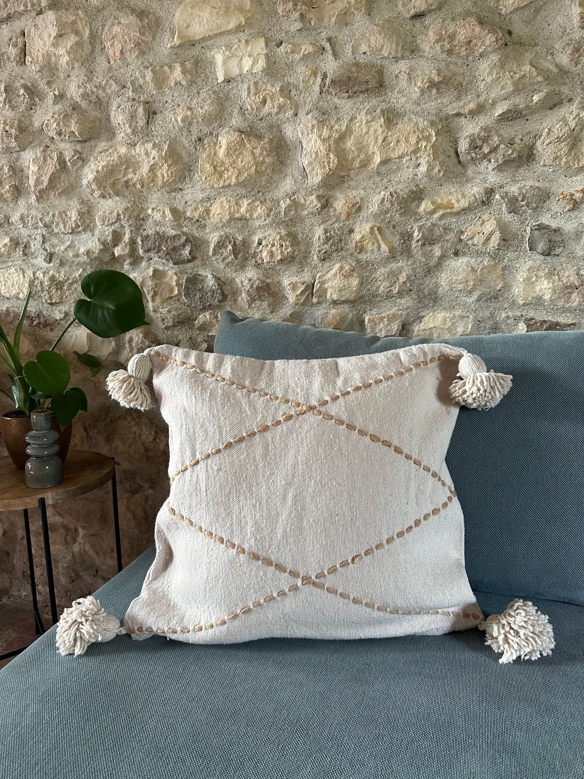 Housse de coussin artisanale "Nomade" Beige Laine tissée à la main