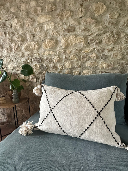 Housse de coussin artisanale "Nomade" Laine tissée à la main Couleur blanc cassé