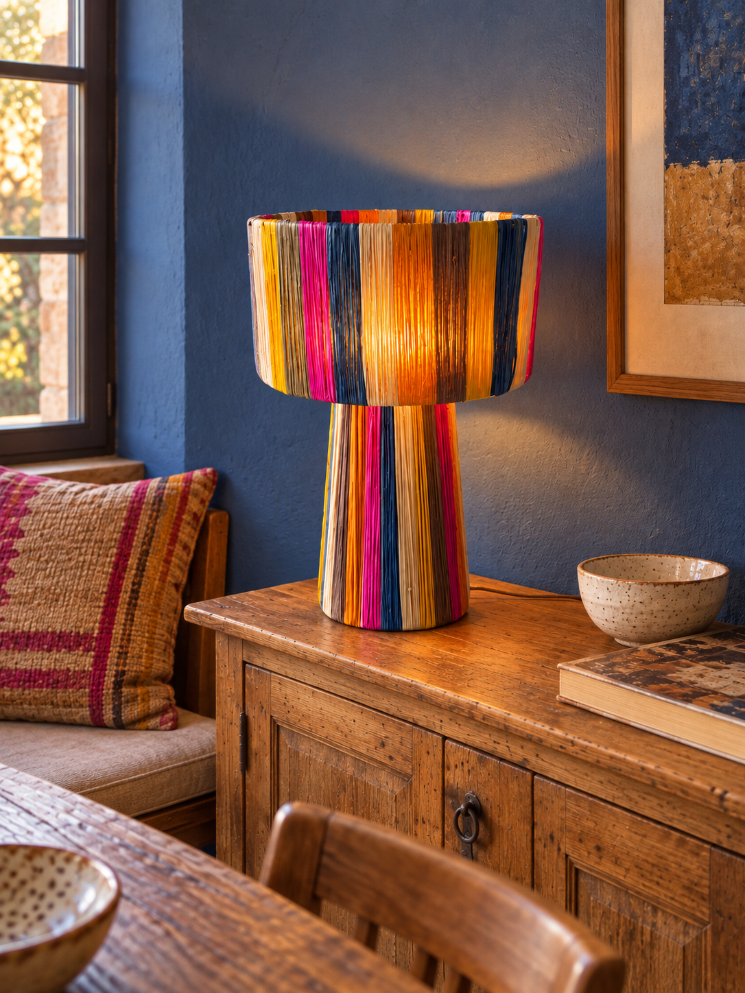 Lampe artisanale en raphia coloré dans un coin repas ethnique