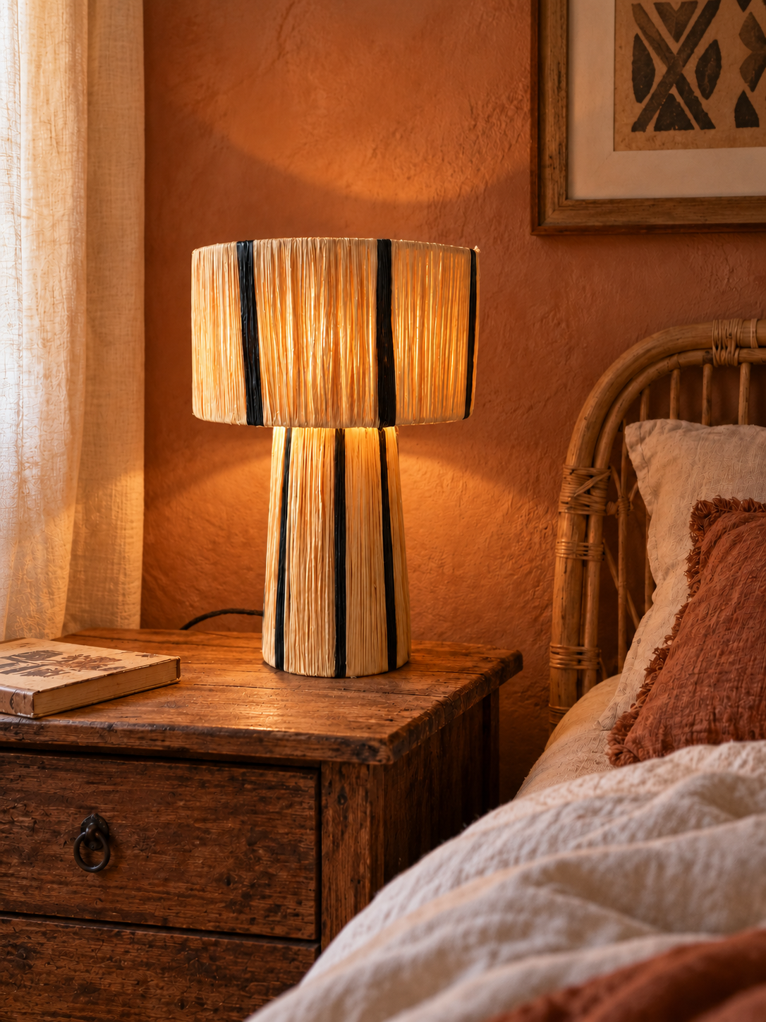Lampe artisanale en raphia naturel et noir sur une table de chevet