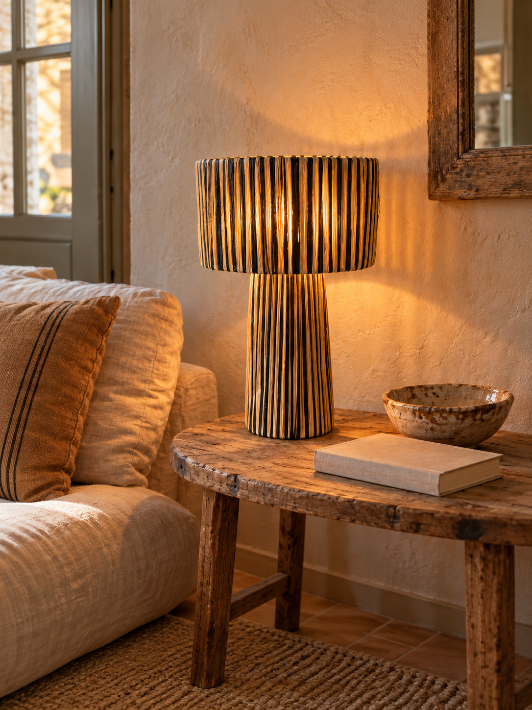 Lampe en raphia rayé noir et naturel dans un salon bohème