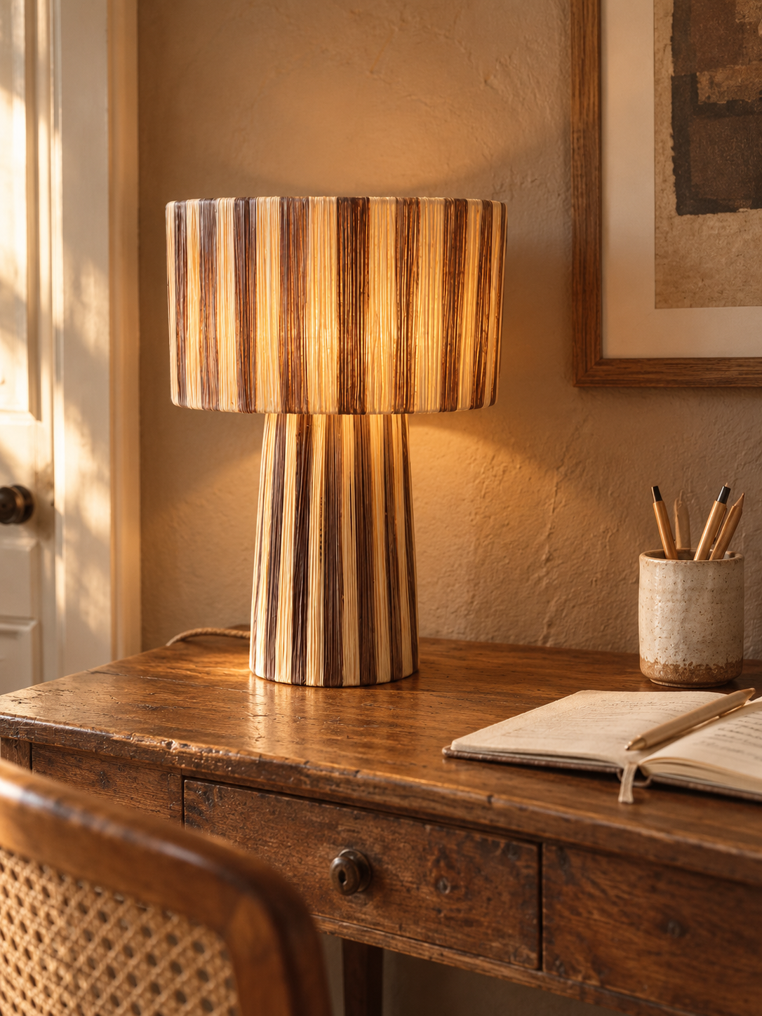 Lampe à poser en raphia naturel et marron sur un bureau bohème