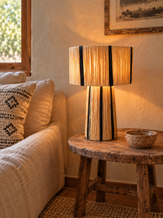 Lampe à poser en raphia naturel et noir dans un salon bohème
