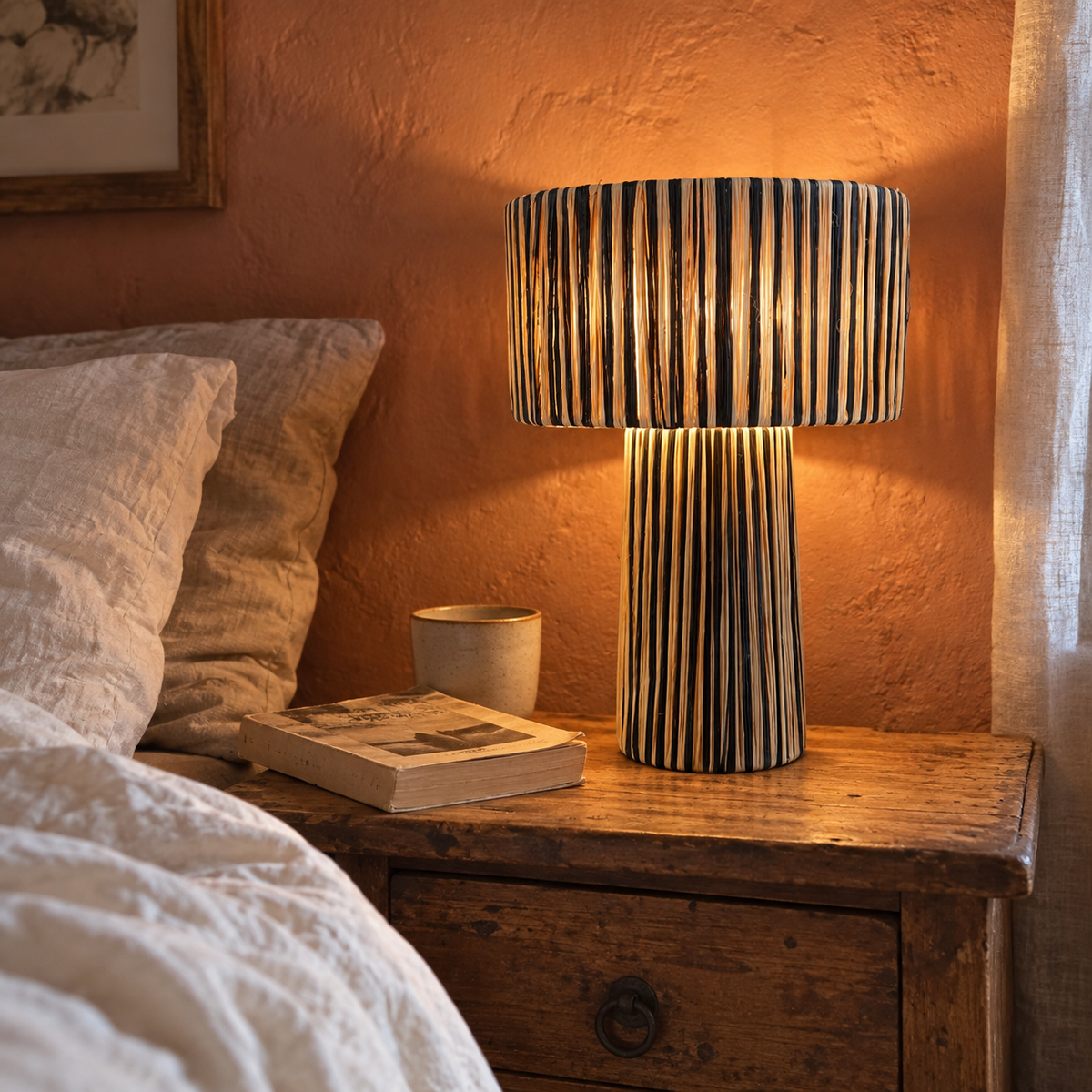 Lampe à poser en raphia rayé noir et naturel dans une chambre