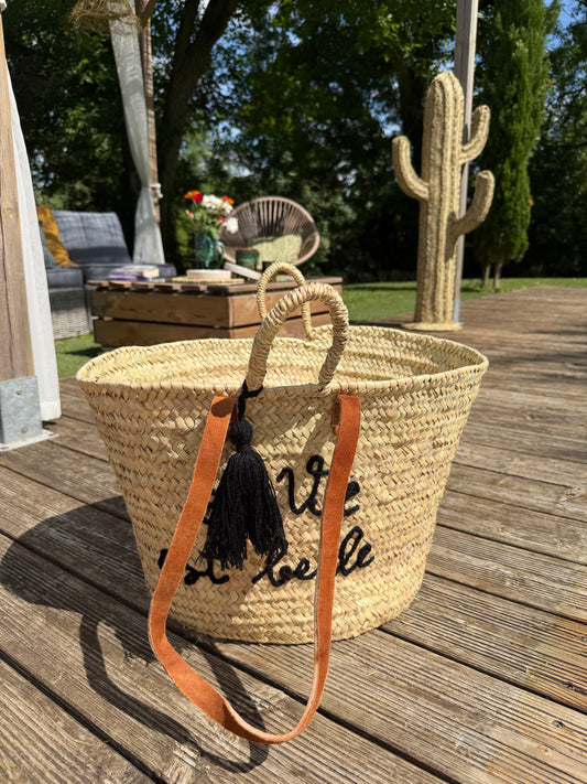 Panier Artisanal "La Vie est Belle" – Sac Cabas en Palmier Tressé Main avec Anses Cuir