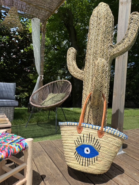 Panier Artisanal Œil Bleu Protecteur – Sac Cabas Bohème en Palmier Tressé avec Anses Cuir