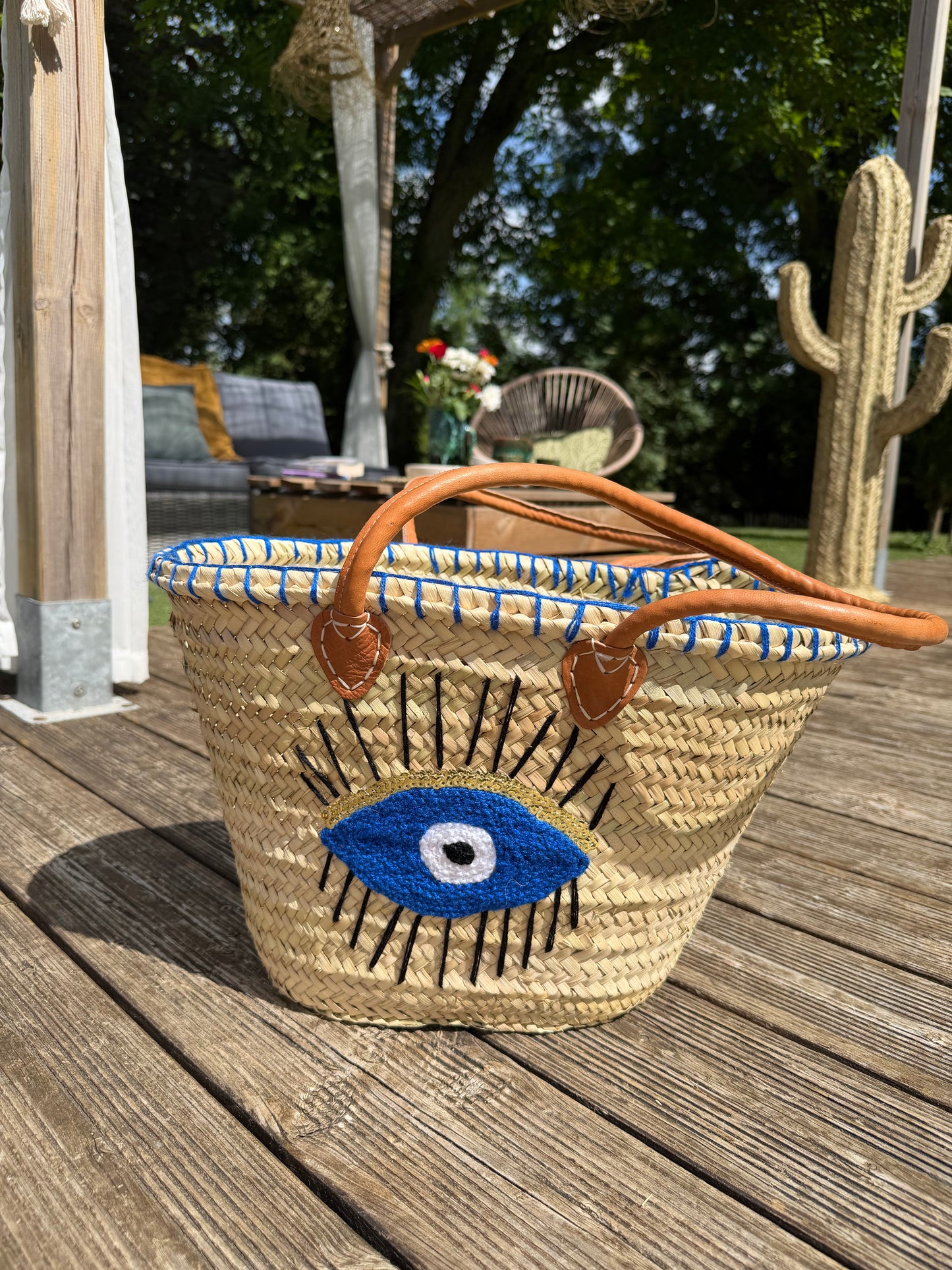 Panier Artisanal Œil Bleu Protecteur – Sac Cabas Bohème en Palmier Tressé avec Anses Cuir