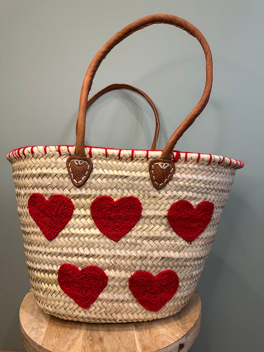 Panier en Feuilles de Palmier “Coeur” – Fait Main à Marrakech – Anses en Cuir