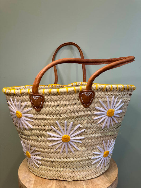 Panier en Feuilles de Palmier “Marguerites” – Fait Main – Anses en Cuir