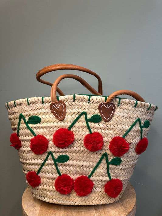 Panier en Feuilles de Palmier “Cerises” – Fait Main – Anses en Cuir