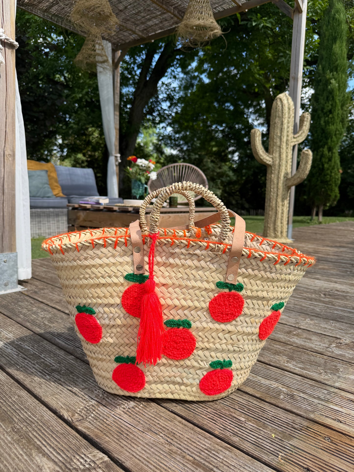 Panier de Plage Orange Artisanal – Cabas en Palmier avec Anses en Cuir & Pompon Orange