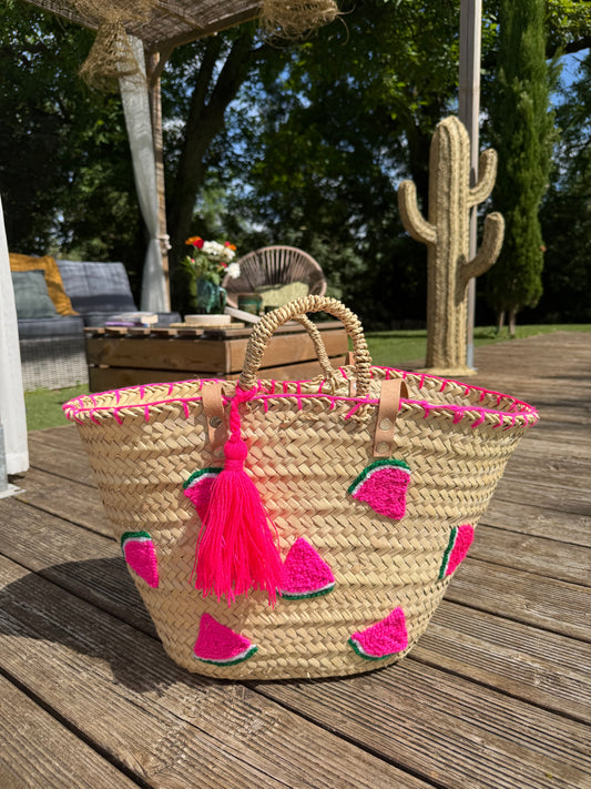 Panier de Plage Pastèque Rose Artisanal – Cabas en Palmier avec Anses en Cuir & Pompon Rose