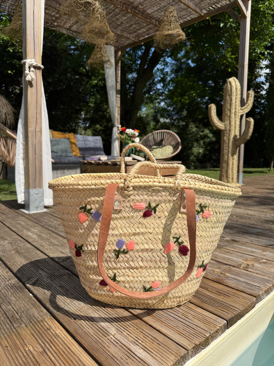Panier de Plage Fleuri Artisanal – Cabas en Palmier avec Broderies Florales & Anses en Cuir