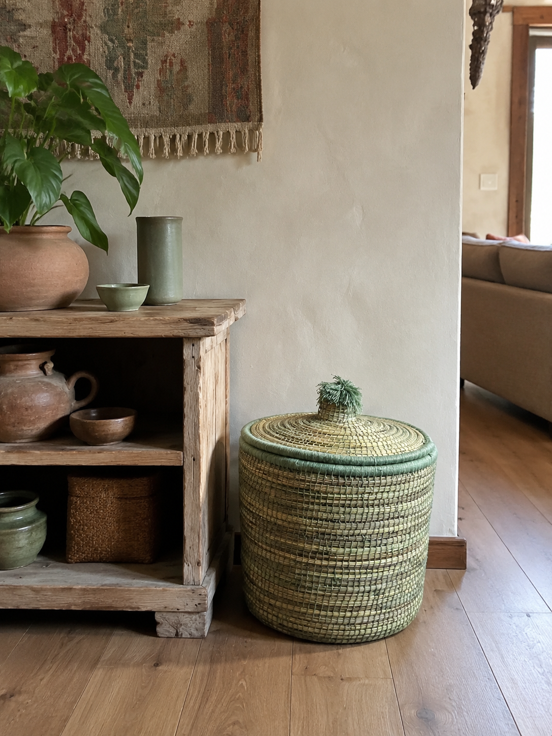 Panier de rangement berbère vert sauge dans un salle à manger 