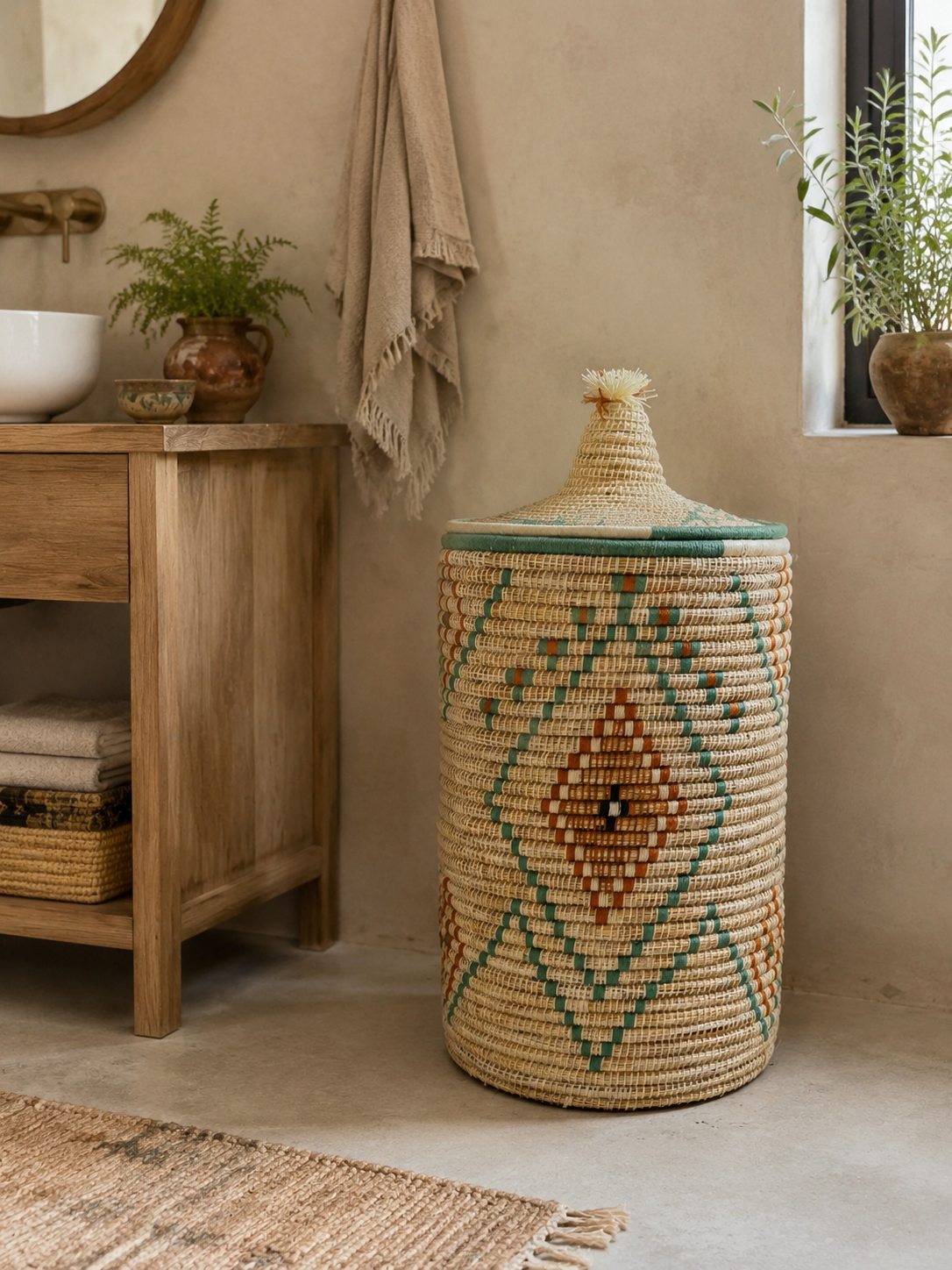 Panier à linge berbère artisanal vert et terracotta dans une salle de bain bohème