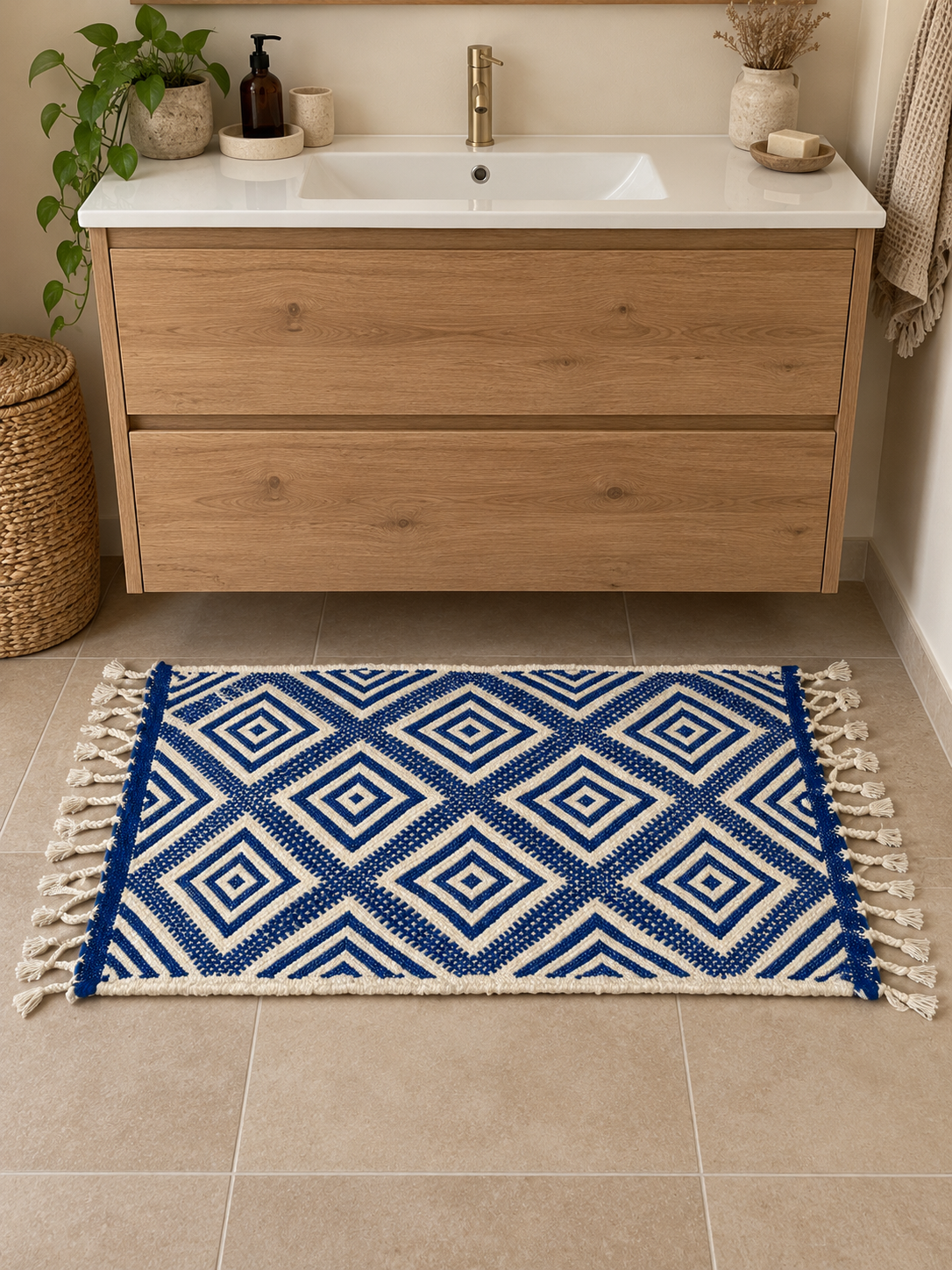 Petit tapis en laine écru et bleu placé à l’horizontale devant un meuble de salle de bain en bois