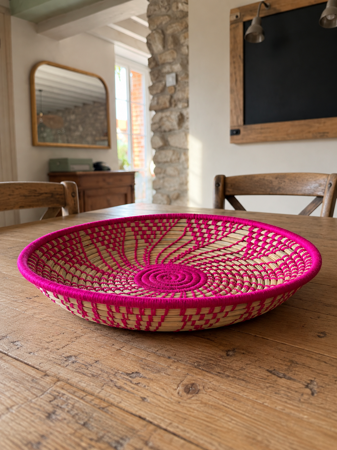 Plateau berbère rose fuchsia vide en centre de table en bois