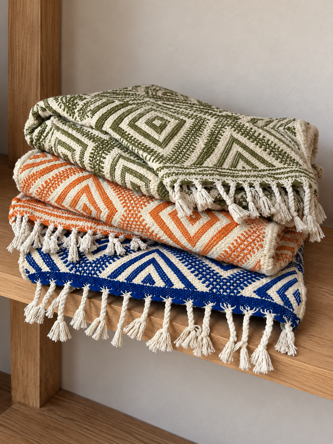 Trois  tapis artisanaux en laine écru et bleu, orange et vert olive, pliés sur une étagère en bois