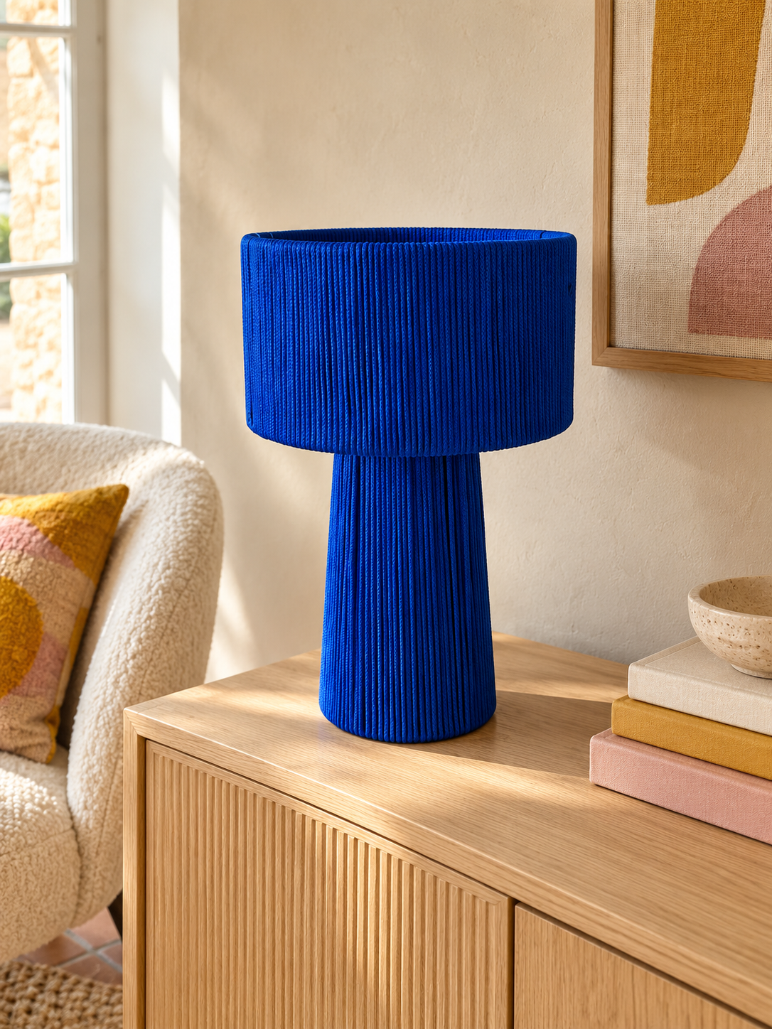 Lampe à poser artisanale en corde bleu Majorelle – 40 cm