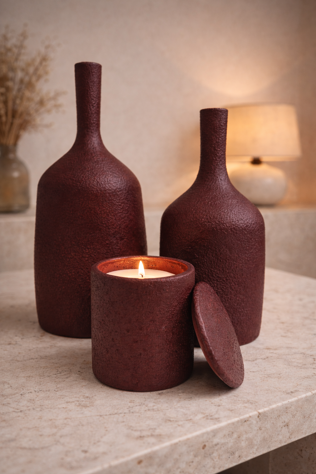 Trio déco bohème chic en terre cuite artisanale avec bougie fleur d’oranger – Pack Médina Bahia By L