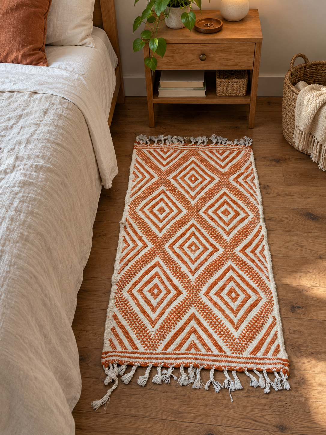 Petit tapis en laine écru et orange à motifs losanges, installé en descente de lit sur un parquet